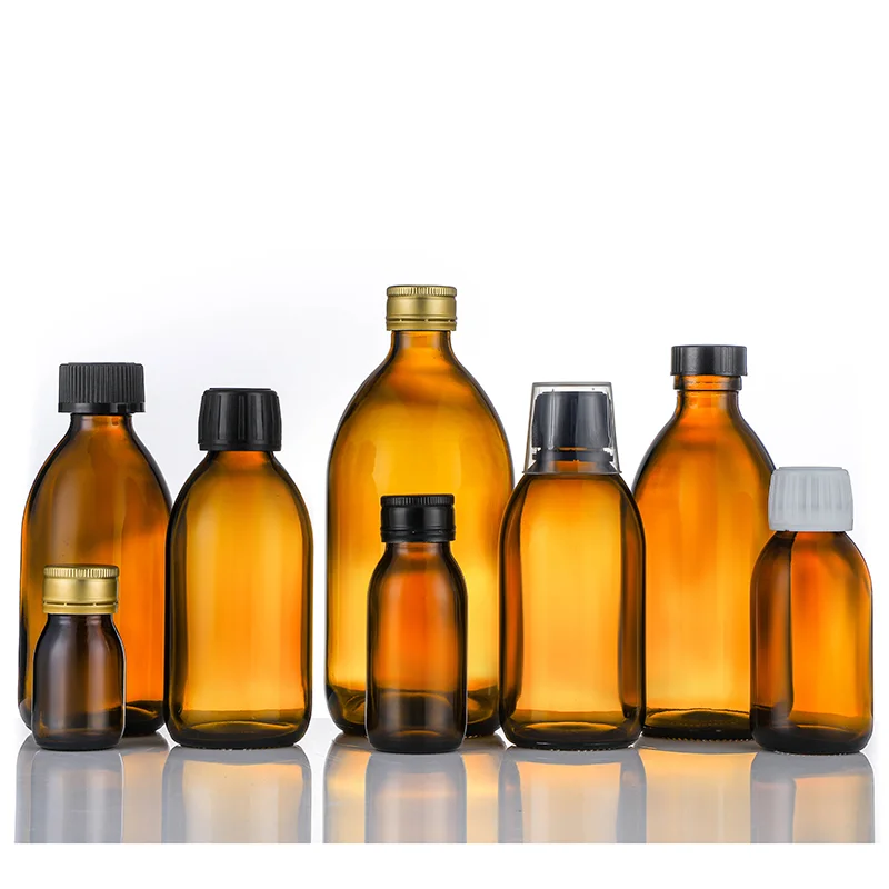 125ml Brown Syrup Bottle,Glass Medicine Bottle with Measuring Cup