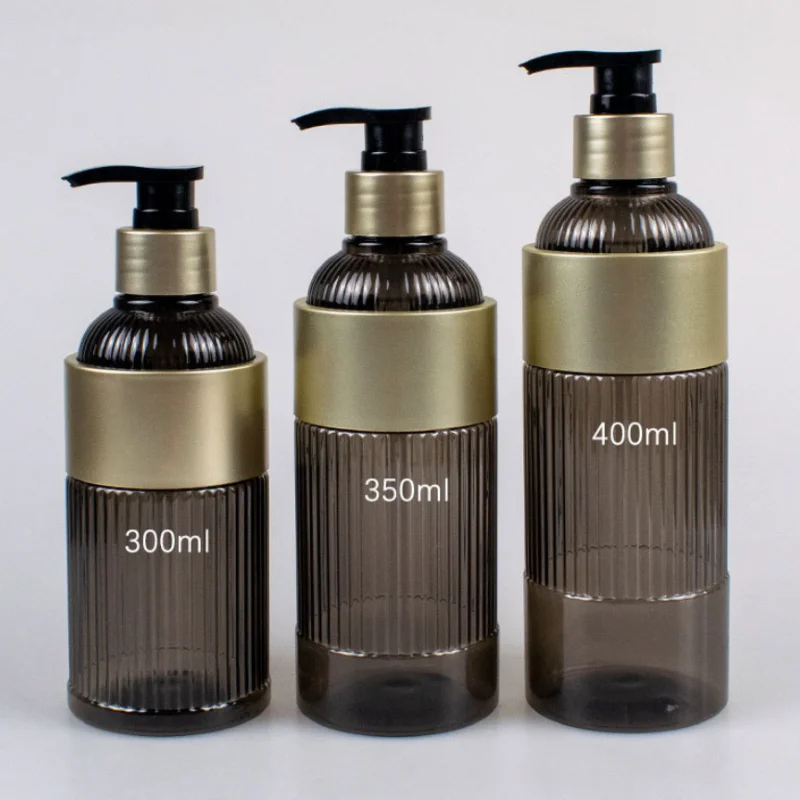 In Stock 300ml 350ml 400ml Transparent Black PET Packaging for Toiletries Hotel Bath Oil Shampoo & Body Lotion Bottles