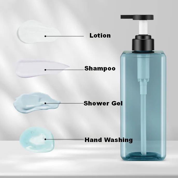 Wholesale 300ml 500ml 750ml Blue Black Clear Empty Skincare Packaging Square Flat Bottle PET Plastic Lotion Shampoo Pump Bottle