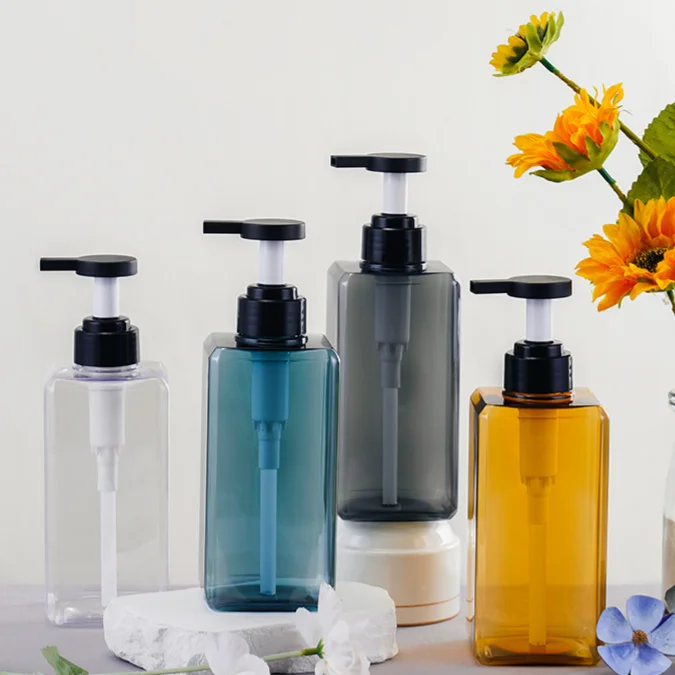 Wholesale 300ml 500ml 750ml Blue Black Clear Empty Skincare Packaging Square Flat Bottle PET Plastic Lotion Shampoo Pump Bottle