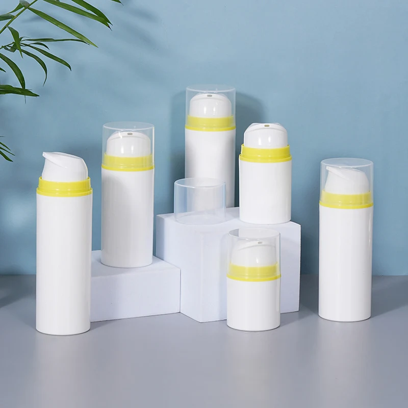 Wholesale Customization 30ml 50ml 100ml 120ml 150ml 200ml Yellow Ring Pump White Airless Bottle Body for Skin Care